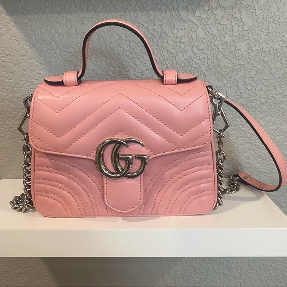 GUCCI Calfskin Matelasse Mini GG Marmont Top Handle Shoulder Bag Wild Rose Pink - Picture 1 of 11